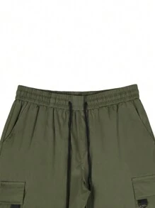 Manfinity Homme Loose Fit Men's Cargo Shorts With Flap Pockets & Drawstring Waist - Army Green - View 4