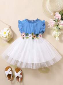 Đứa bé gái Đồ trang trí hoa Viền Ruffle Váy lưới che phủ - Xanh và trắng - Xem 1