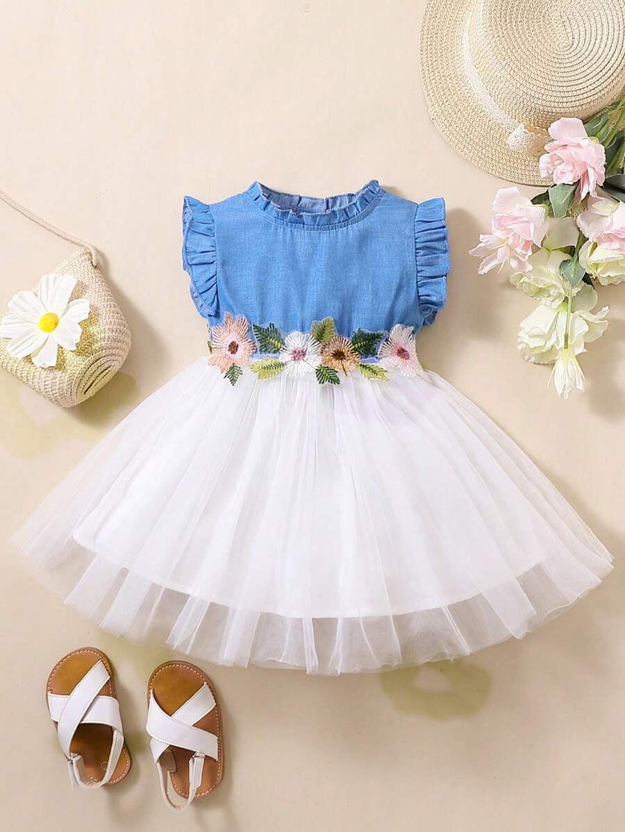 Đứa bé gái Đồ trang trí hoa Viền Ruffle Váy lưới che phủ - Xanh và trắng - Xem 1