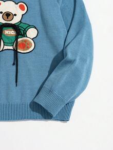 ROMWE MEN Street Life Guys Bear Pattern Drop Shoulder Sweater - Blue - View 4