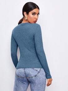 SHEIN Essnce Solid Waffle Knit Tee - Blue - View 2