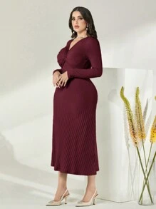 Modelyn Burgundy Red Twist Front Ribbed Knit Dress - Burgundy - View 5