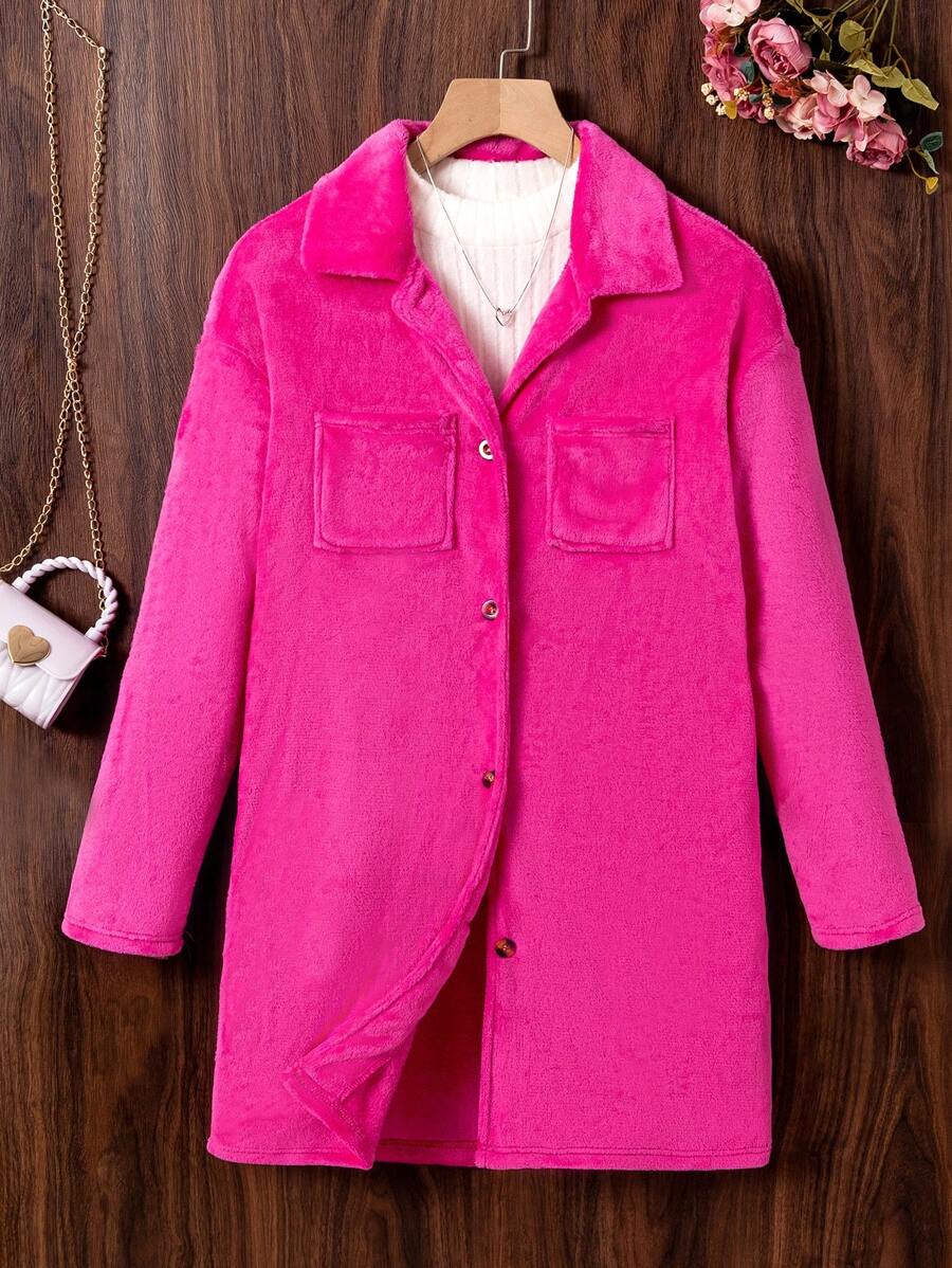 Teen Girl 1 chiếc áo khoác nỉ có túi có nắp thả - Màu Hồng Tươi - Xem 1