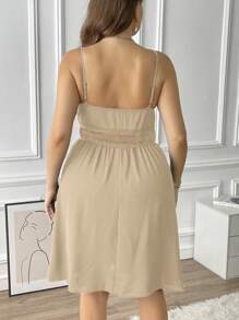 SHEIN Franclia 大碼撞色蕾絲吊帶洋裝 - 卡其色 - 查看 2