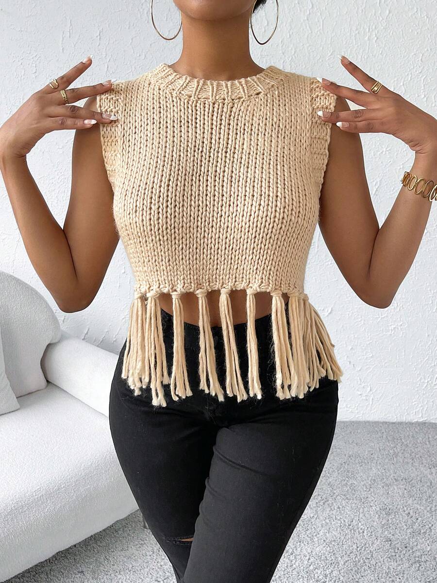 SHEIN Essnce Fringe Trim Crop Sweater Vest - Khaki - View 1