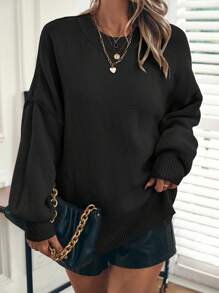 SHEIN Essnce 素色落肩袖套頭毛衣 - 黑色 - 查看 1