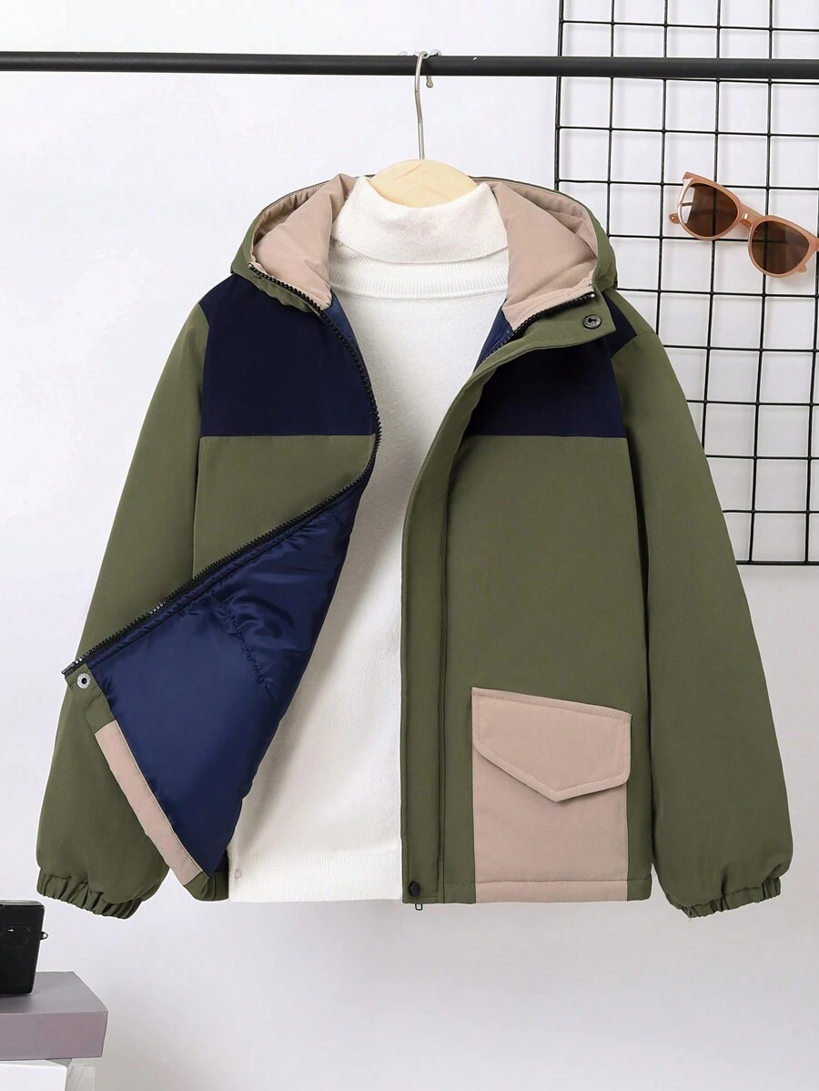 SHEIN Tween Boy 1pc Colorblock Flap Pocket Zipper Hooded Trench Coat