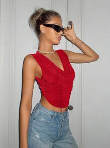 SHEIN ICON Áo Crop Top Cổ Xếp Ly Màu Đỏ - Đỏ - Xem 4