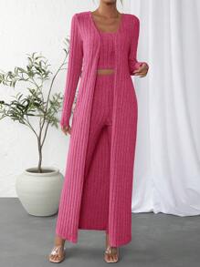 SHEIN Essnce Solid Crop Tank Top & Leggings & Coat - Hot Pink - View 3