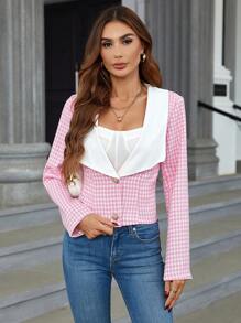 SHEIN Clasi 千鳥格印花瀑布領夾克 - 粉色 - 查看 6