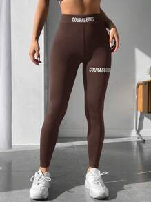 SHEIN PETITE Letter Graphic Wideband Waist Leggings - Brown - View 1