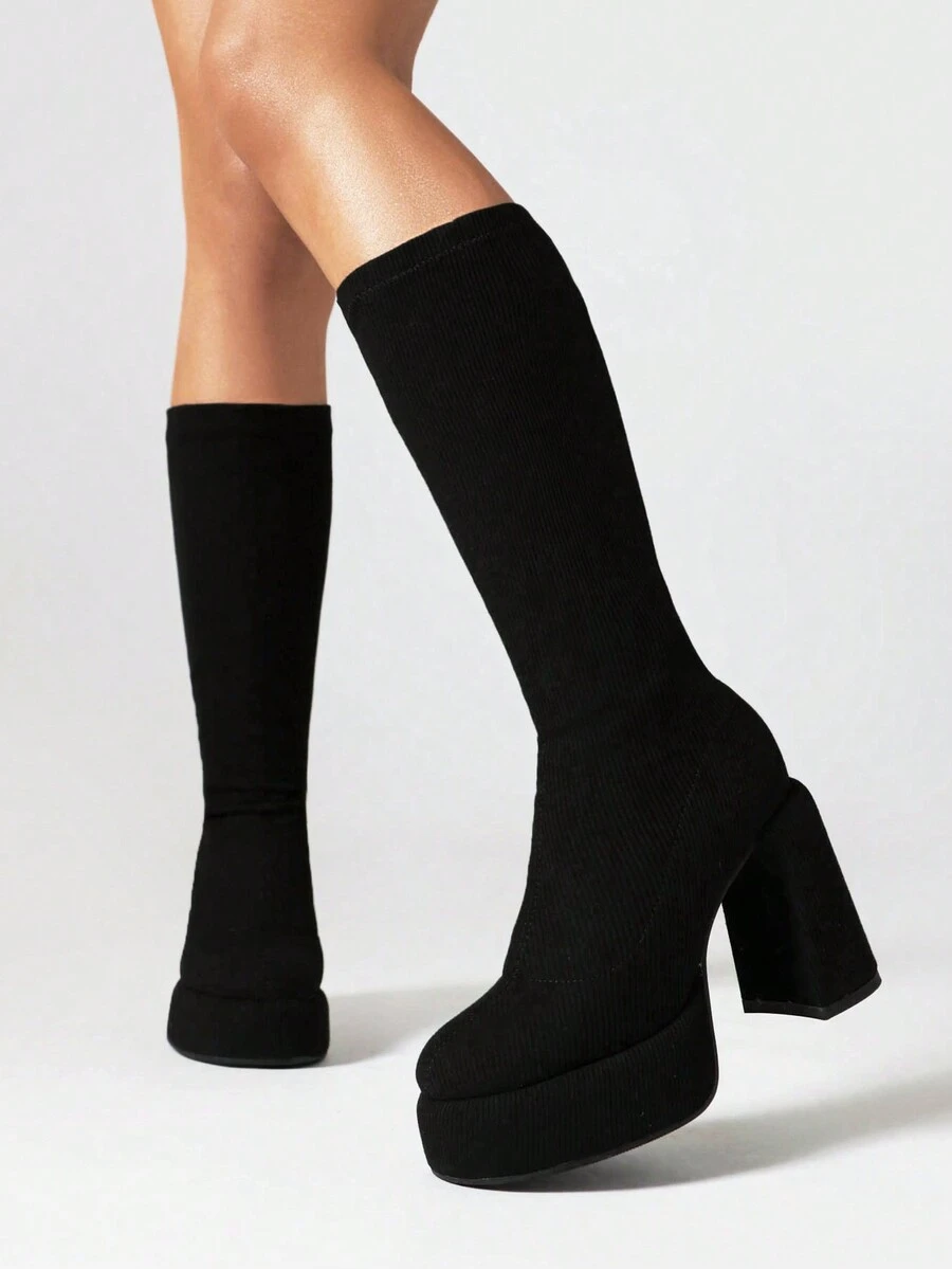 Classic Black Mid-Calf Women's Boots: Waterproof Circular Platform – Sophisticated Style - Black - View 1