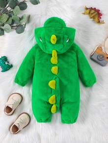 SHEIN 男嬰恐龍設計前拉鍊3D設計連帽搖粒絨連身褲 - 綠色 - 查看 2