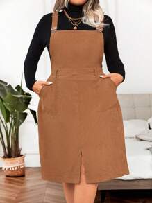 Calvaya 大碼斜袋開衩下擺連身裙（無T恤） - 棕色 - 查看 4