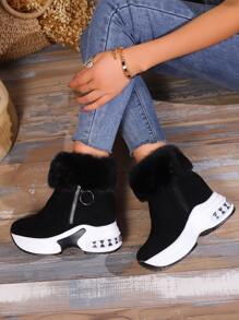 Women Thick Sole Insulated Snow Boots, New 2024 Winter Non-Slip Platform Heeled Short Boots With Thermal Lined - Black - View 3