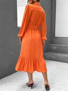 SHEIN Essnce Lantern Sleeve Ruffle Hem Belted Shirt Dress - Orange - View 2