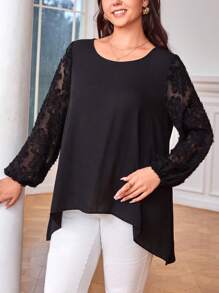 SHEIN Clasi 大碼網紗拼接燈籠袖高低下擺襯衫 - 黑色 - 查看 4