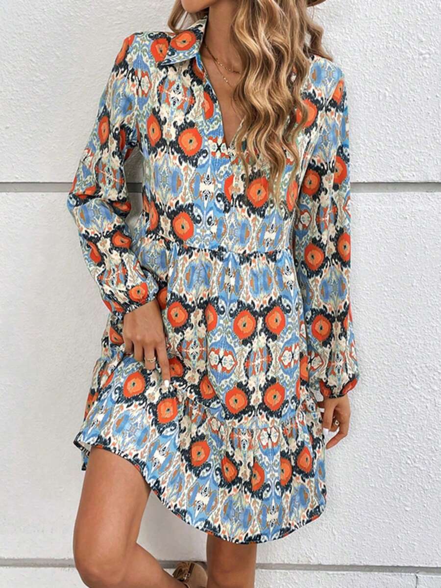 SHEIN Clasi Allover Print Ruffle Hem Smock Dress - Blue - View 1