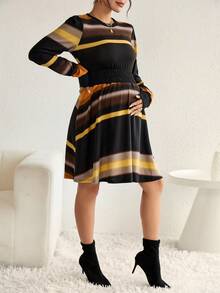 SHEIN Maternity Striped Print A-line Dress - Coffee Brown - View 4