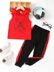 SHEIN 男小童小熊印花連帽背心上衣和字母圖案拼接側邊接縫衛褲 - 彩色 - 查看 1