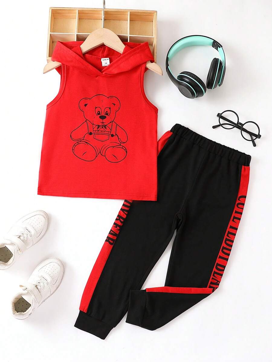 SHEIN 男小童小熊印花連帽背心上衣和字母圖案拼接側邊接縫衛褲 - 彩色 - 查看 1