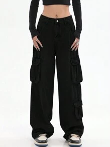 Flap Pocket Cargo Jeans - Black - View 1