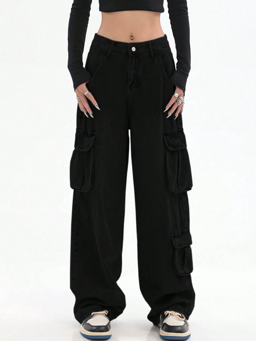 Flap Pocket Cargo Jeans - Black - View 1