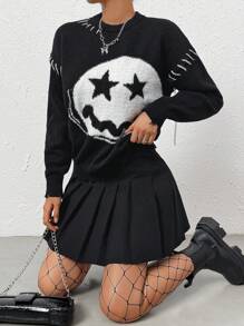 SHEIN Unity Cartoon Pattern Drop Shoulder Sweater - Black - View 4