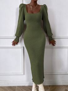 Chiquease Square Neck Lantern Sleeve Sweater Dress Fall Winter Cloth For Women - Army Green - View 6