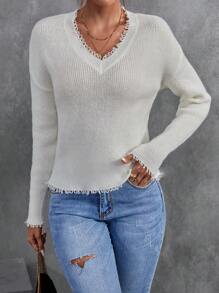 SHEIN LUNE Drop Shoulder Distressed Trim Sweater