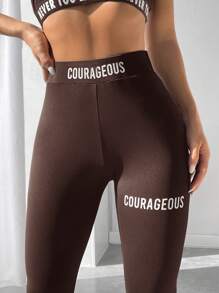 SHEIN PETITE Letter Graphic Wideband Waist Leggings - Brown - View 3