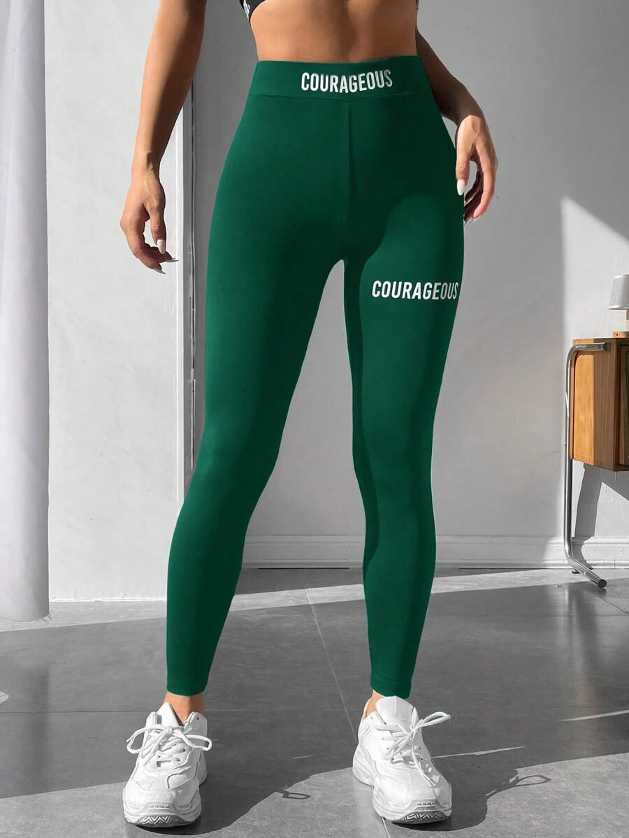 SHEIN PETITE Letter Graphic Leggings - Dark Green - View 1