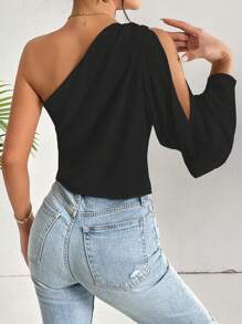 Firerie One Shoulder Lantern Sleeve Solid Blouse - Black - View 2