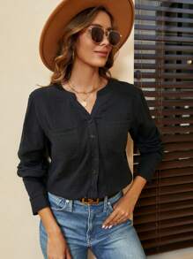 SHEIN LUNE 素色前紐扣口袋貼布襯衫