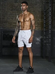 Manfinity Sport Corelite Men Letter Graphic Tie Waist 2 In 1 Sports Shorts With Phone Pocket, White Shorts - White - View 4