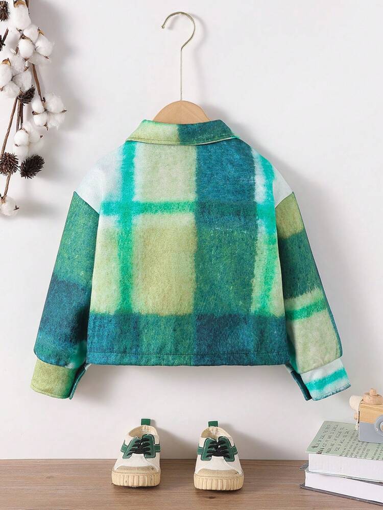 Young Girl 1pc Plaid Print Flap Pocket Overcoat