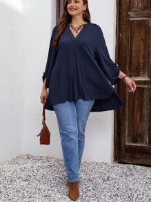 EMERY ROSE 大碼素色缺口領捲邊袖襯衫 - 藏蓝色 - 查看 5