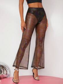 SHEIN BAE Sheer Mesh Flare Leg Pants Without Panty - White - View 3