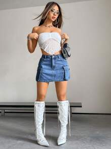 Jeanoix Women's Summer Flap Pocket Denim Skirt - Light Wash - View 3