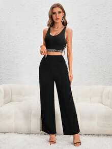 SHEIN Essnce 鏈條印花短款背心和褲子 - 黑色 - 查看 6