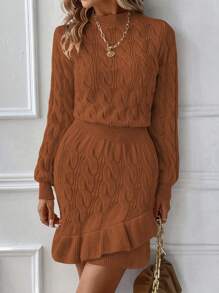 SHEIN LUNE Solid Ruffle Hem Sweater Dress - Rust Brown - View 6