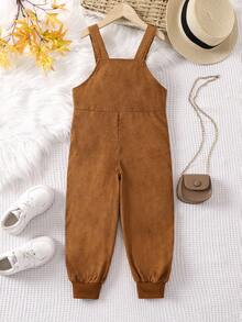SHEIN Young Girl Bear Embroidery Overall Jumpsuit - Brown - View 2