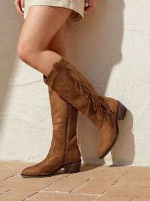 SheIn VCAY 女性流蘇裝飾尖頭粗跟經典靴,時尚仿麂皮時尚靴子 - 駝色 - 查看 1