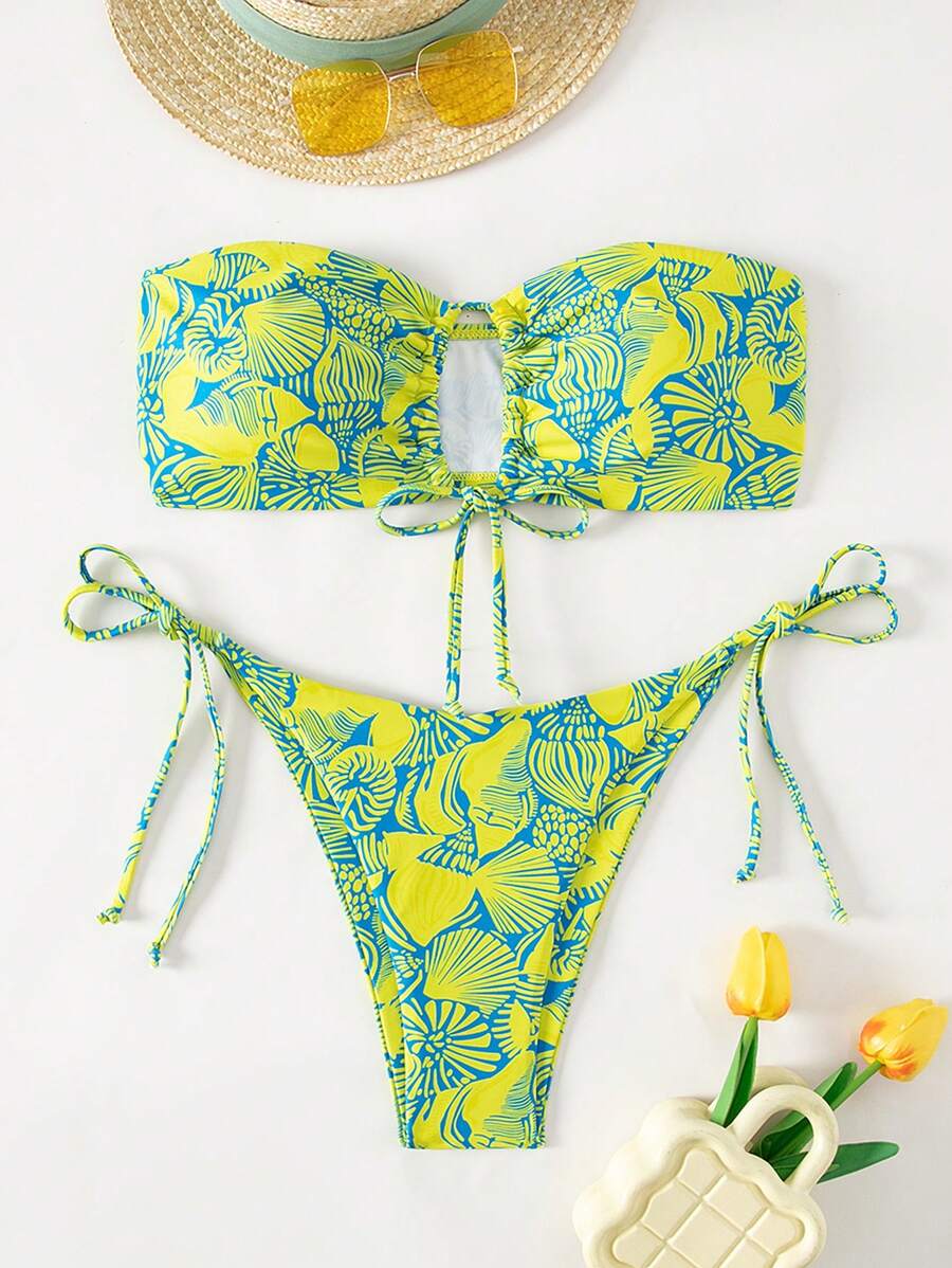 贝壳印花抹胸系带侧比基尼套装，适合夏季海滩度假 - 彩色 - 查看 1