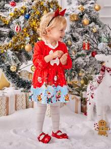Baby Girl Christmas Print Contrast Lace Trim Dress - Red - View 4