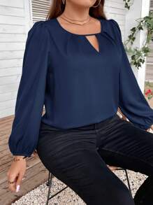 SHEIN Clasi Plus Keyhole Neckline Lantern Sleeve Blouse - Navy Blue - View 3