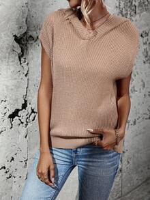 SHEIN Frenchy 素色蝙蝠袖連帽毛衣背心 - 卡其色 - 查看 3