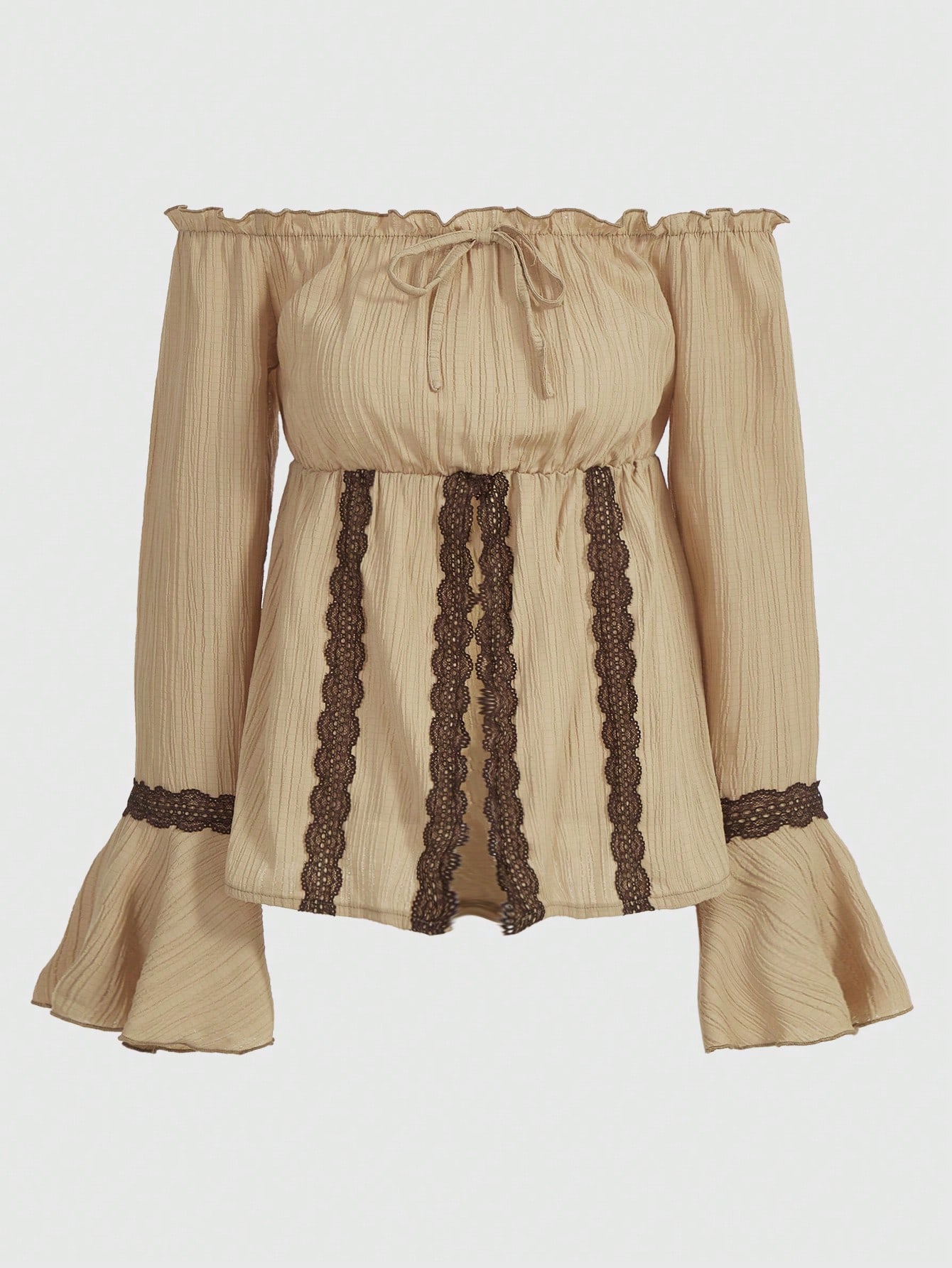 ROMWE Fairycore Off Shoulder Lace Trim Flare Sleeve Knot Front Peplum Blouse