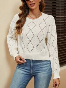 SHEIN LUNE Solid Drop Shoulder Pointelle Knit Sweater - Apricot - View 1