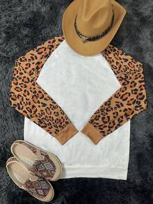 Leopard & Cactus Print Raglan Sleeve Sweatshirt,Long Sleeve Tops - Multicolor - View 2